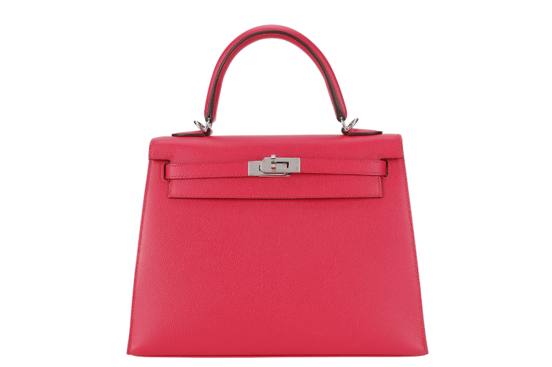 HERMES KELLY 25 SELLIER ROSE EXTREME EPSOM SILVER HARDWARE STAMP D (2020) WITH DUST COVER, LOCK & KEYS, STRAPS AND RAINCOAT