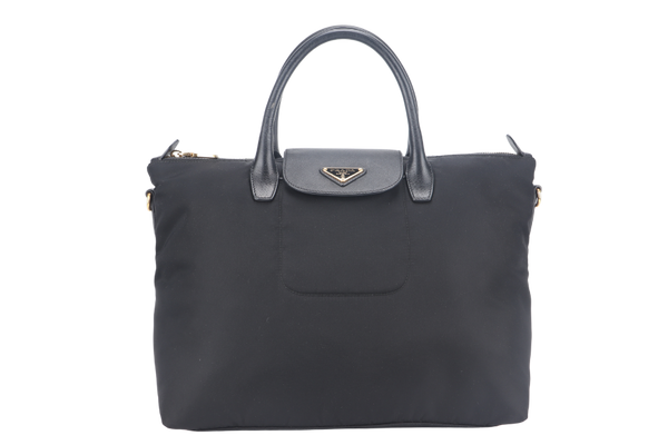 PRADA CONVERTIBLE FLAP TOTE BAG BLACK NYLON GOLD HARDWARE WITH SLING AND DUST COVER