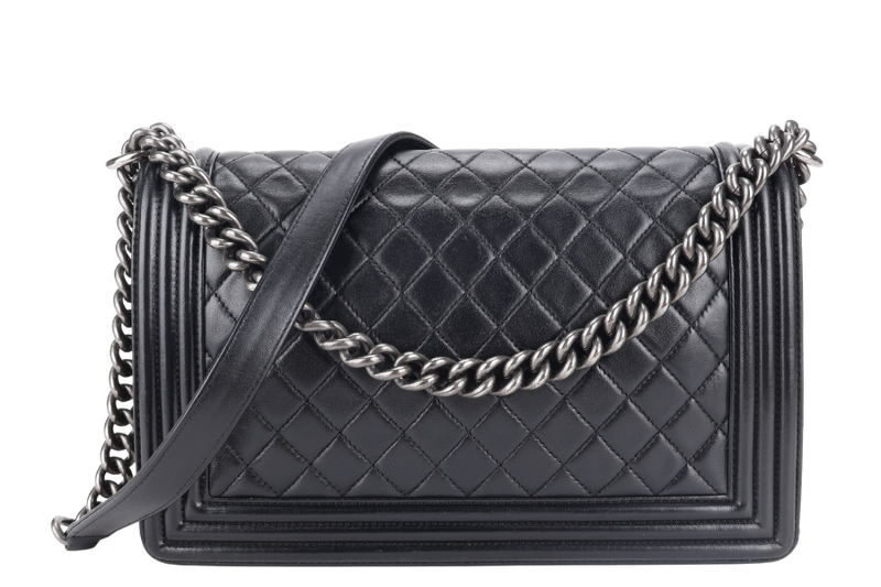 CHANEL LEBOY NEW MEDIUM BLACK LAMBSKIN LEATHER SILVER HARDWARE (2310xxxx) WITH DUST COVER AND BOX