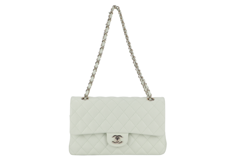 CHANEL FLAP MEDIUM (ALUNxxxx) MINT GREEN CAVIAR LEATHER LIGHT GOLD HARDWARE MICROCHIP WITH DUST COVER