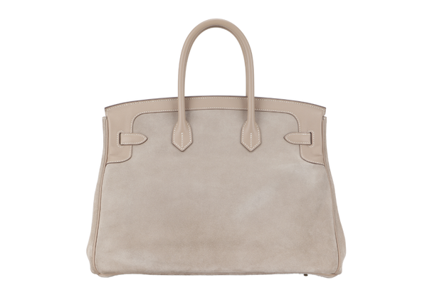 HERMES BIRKIN 35 GRIZZLY ARGILE SWIFT, DOBLIS WITH PERMABRASS HARDWARE STAMP Q (2013) WITH KEYS, LOCK, RAINCOAT AND DUST COVER