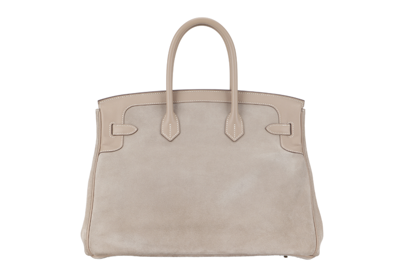 HERMES BIRKIN 35 GRIZZLY ARGILE SWIFT, DOBLIS WITH PERMABRASS HARDWARE STAMP Q (2013) WITH KEYS, LOCK, RAINCOAT AND DUST COVER