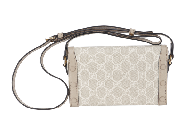 GUCCI MINI HORSEBIT 1955 (699296) BEIGE WHITE GG SUPREME CANVAS GOLD HARDWARE (PIG SKIN) WITH DUST COVER AND BOX