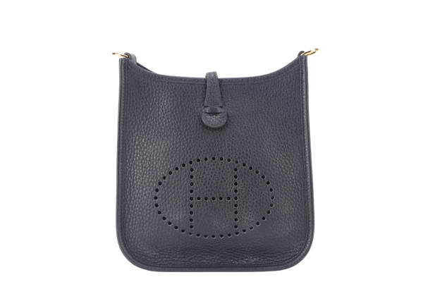 HERMES EVELYNE TPM BLUE INDIGO STAMP C (YEAR 2018) ROSE x ROUGH H STRAP GOLD HARDWARE WITH BOX, NO DUST COVER