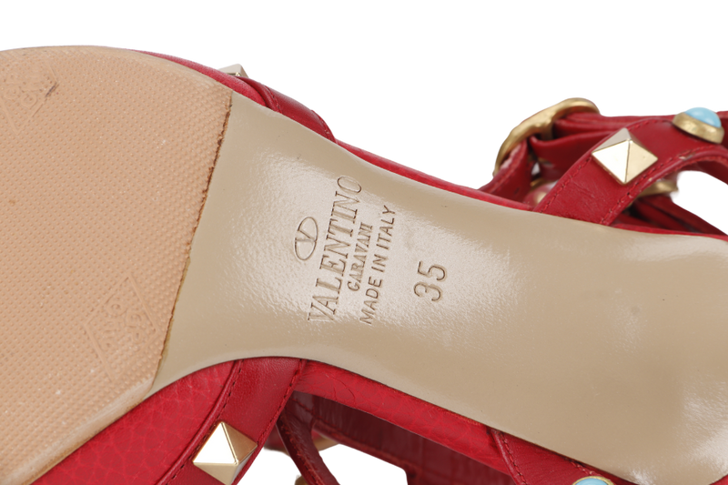 VALENTINO ROCKSTUD HEELS RED LEATHER SIZE 35