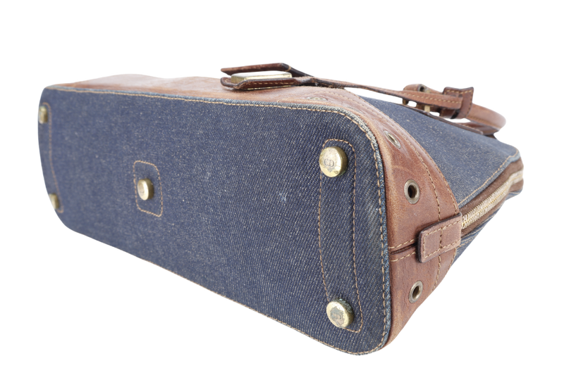 CHRISTIAN DIOR STREET CHIC TROTTER BAG BROWN LEATHER BLUE DEMIN GOLD HARDWARE NO DUST COVER