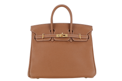 HERMES BIRKIN 25 GOLD TOGO GOLD HARDWARE STAMP X (2016} WITH LOCK & KEYS, RAINCOAT AND DUST COVER