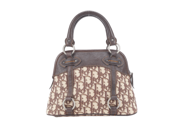 CHRISTIAN DIOR VINTAGE OBLIQUE TROTTER SATCHEL BAG BROWN LEATHER BEIGE CANVAS SILVER HARDWARE (07-BO-0036) NO DUST COVER