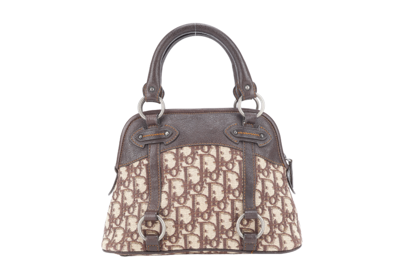 CHRISTIAN DIOR VINTAGE OBLIQUE TROTTER SATCHEL BAG BROWN LEATHER BEIGE CANVAS SILVER HARDWARE (07-BO-0036) NO DUST COVER