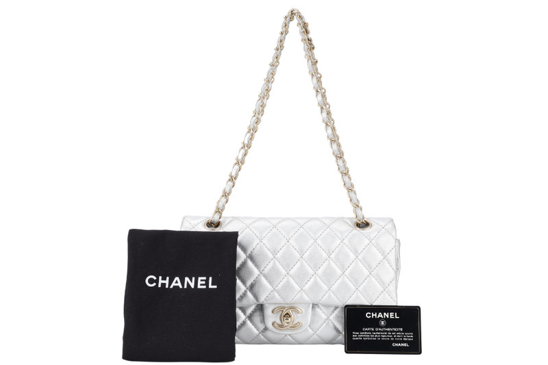 CHANEL CLASSIC FLAP METALLIC SILVER LAMBSKIN (1264xxxx) MEDIUM SIZE WITH DUST COVER AND CARD