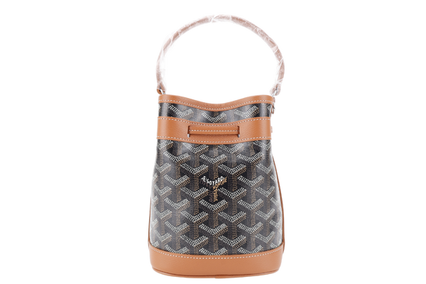 GOYARD PETIT FLOT MINI BUCKET BLACK AND TAN SILVER HARDWARE WITH STRAPS AND DUST COVER
