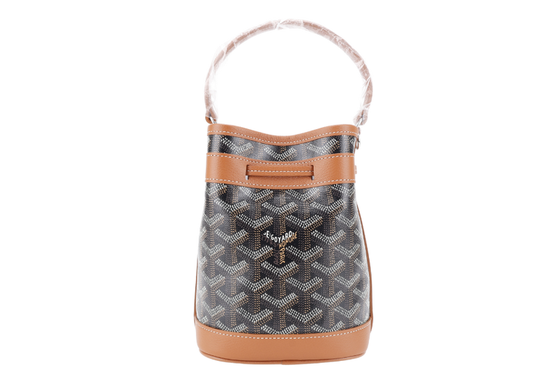GOYARD PETIT FLOT MINI BUCKET BLACK AND TAN SILVER HARDWARE WITH STRAPS AND DUST COVER