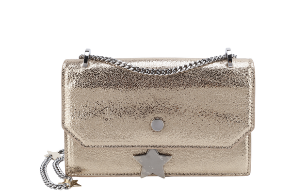 JIMMY CHOO SERENA STAR CHARM CROSSBODY BAG SMALL GOLD METALLIC SILVER HARDWARE WITH DUST COVER AND BOX