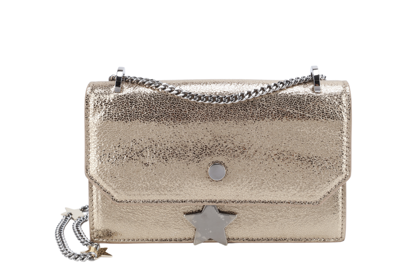 JIMMY CHOO SERENA STAR CHARM CROSSBODY BAG SMALL GOLD METALLIC SILVER HARDWARE WITH DUST COVER AND BOX