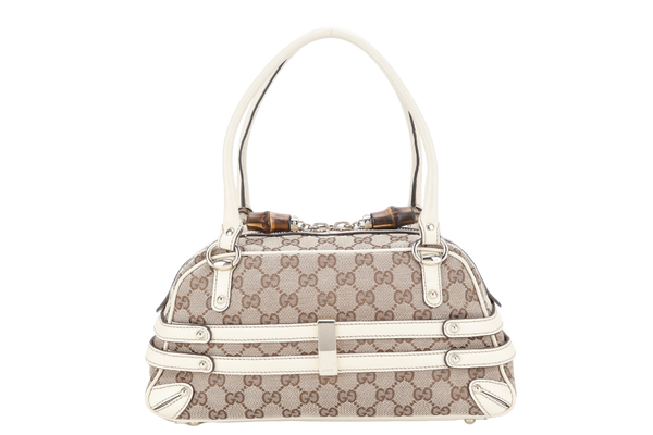 GUCCI BEIGE AND WHITE GG CANVAS AND LEATHER BOSTON BAG WITH DUST COVER