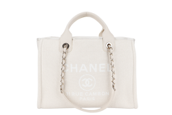 CHANEL DEAUVILLE SMALL BEIGE & WHITE CANVAS (K17Lxxxx) GOLD HARDWARE WITH DUST COVER AND BOX