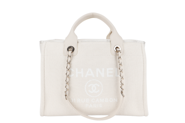 CHANEL DEAUVILLE SMALL BEIGE & WHITE CANVAS (K17Lxxxx) GOLD HARDWARE WITH DUST COVER AND BOX