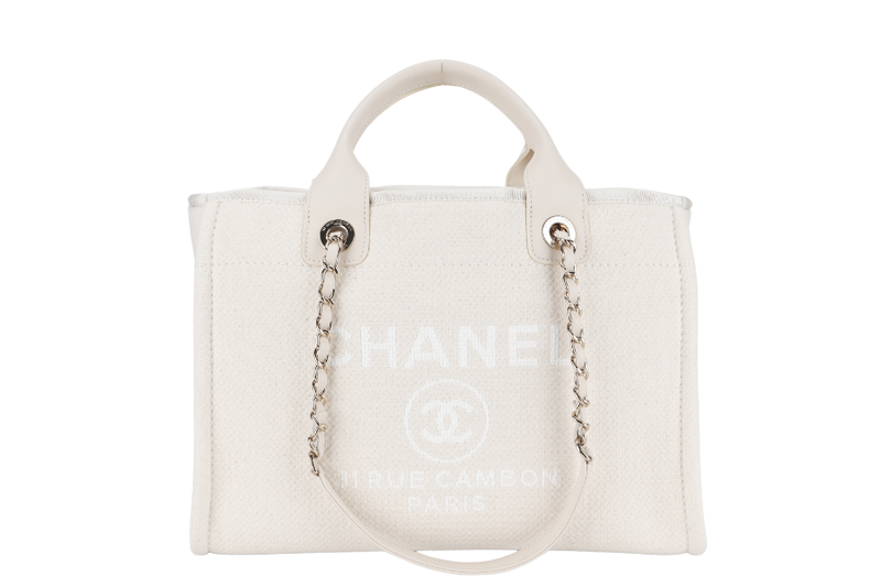 CHANEL DEAUVILLE SMALL BEIGE & WHITE CANVAS (K17Lxxxx) GOLD HARDWARE WITH DUST COVER AND BOX