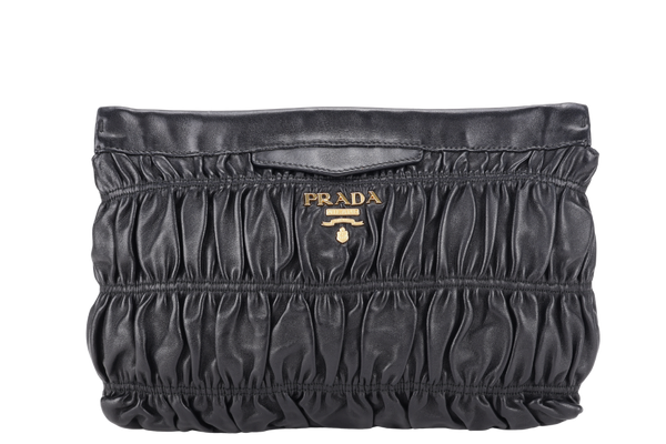 PRADA ZIPPED POUCH BLACK NAPPA GAUFRE GOLD HARDWARE WITH DUST COVER