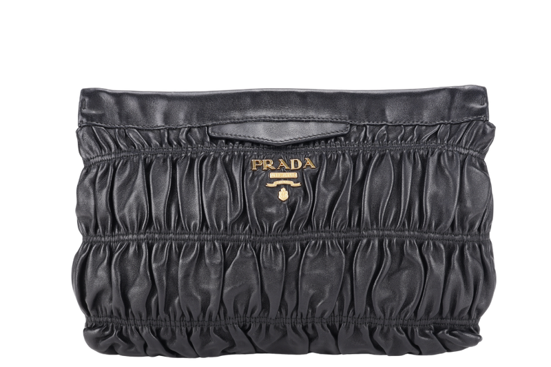 PRADA ZIPPED POUCH BLACK NAPPA GAUFRE GOLD HARDWARE WITH DUST COVER