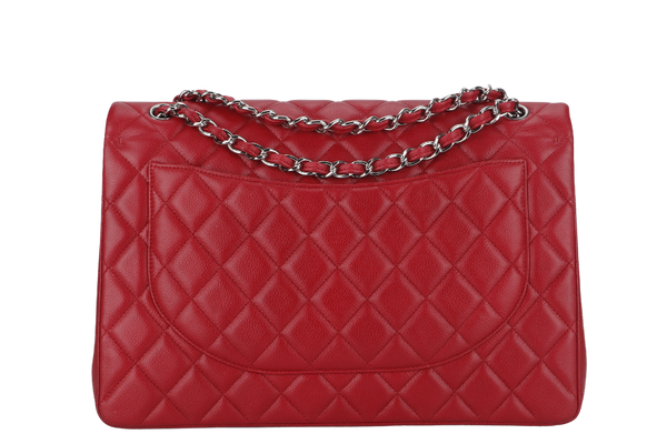 CHANEL CLASSIC FLAP MAXI (1442xxxx) RED CAVIAR LEATHER SILVER HARDWARE WITH CARD