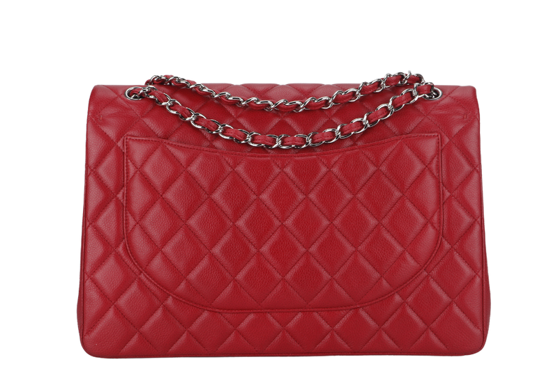 CHANEL CLASSIC FLAP MAXI (1442xxxx) RED CAVIAR LEATHER SILVER HARDWARE WITH CARD