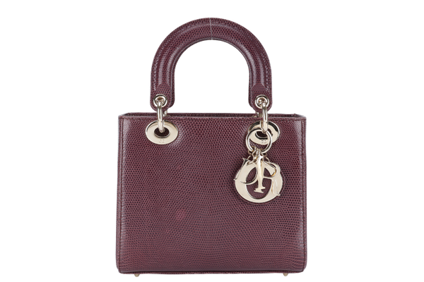 CHRISTIAN DIOR LADY DIOR MINI BURGUNDY LIZARD SKIN GOLD HARDWARE WITH STRAPS, CITIES REPORT AND DUST COVER