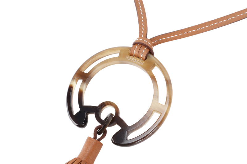 HERMES BUFFALO HORN ROUND PENDANT NECKLACE WITH FRINGE GOLD COLOUR WITH BOX