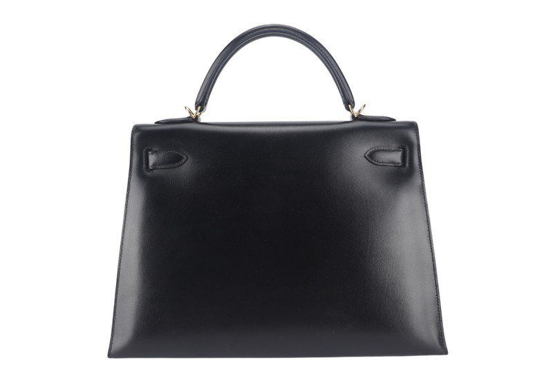 HERMES KELLY 32 STAMP O (YEAR 2011) SELLIER BLACK BOX LEATHER GOLD HARDWARE WITH STRAPS, LOCK&KEYS AND DUST COVER