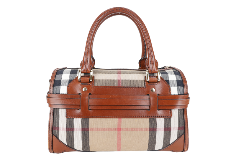 BURBERRY HOUSE CHECK BRIDLE BOWLING BAG BROWN CANVAS AND LEATHER GOLD HARDWARE WITH DUST COVER