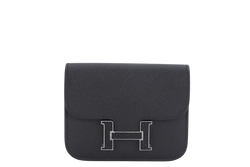 HERMES CONSTANCE SLIM BLACK EPSOM LIZARD HARDWARE (STAMP W) SILVER HARDWARE WITH DUST COVER AND BOX