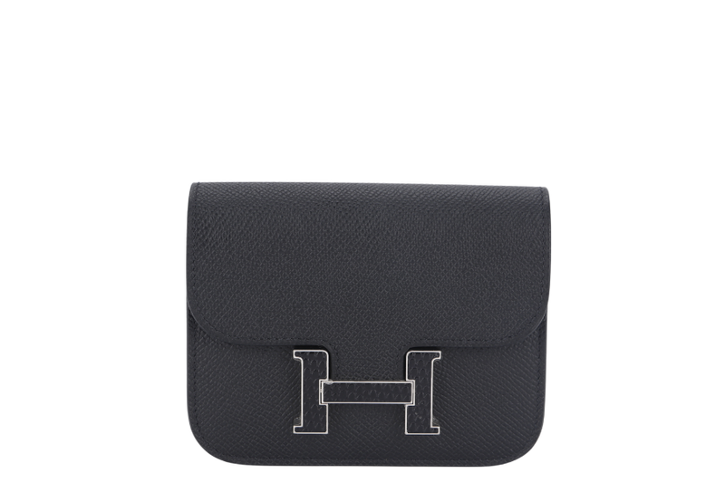 HERMES CONSTANCE SLIM BLACK EPSOM LIZARD HARDWARE (STAMP W) SILVER HARDWARE WITH DUST COVER AND BOX