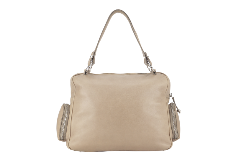 TOD'S BEIGE LEATHER MULTI POCKET SATCHEL BAG SILVER HARDWARE WITH DUST COVER