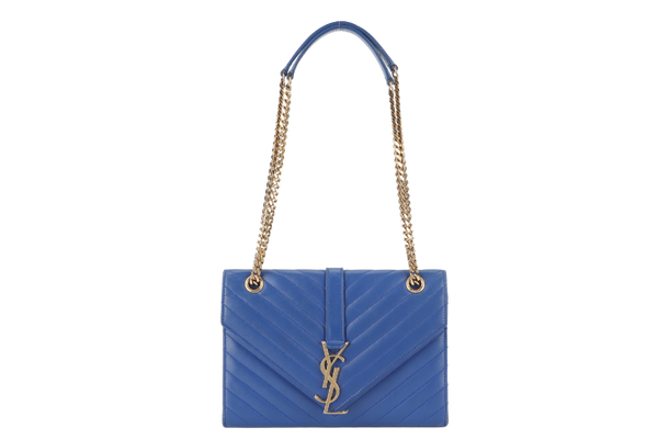 YVES SAINT LAURENT (YSL) MEDIUM ENVELOPE BAG BLUE CHEVRON QUILTED LEATHER GOLD HARDWARE WITH DUST COVER