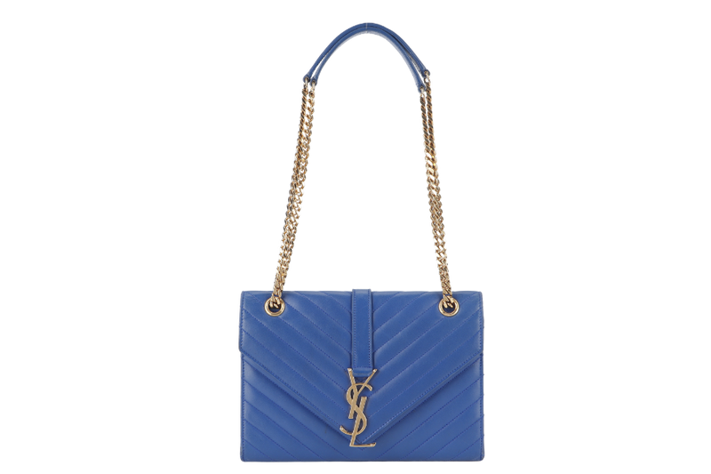 YVES SAINT LAURENT (YSL) MEDIUM ENVELOPE BAG BLUE CHEVRON QUILTED LEATHER GOLD HARDWARE WITH DUST COVER