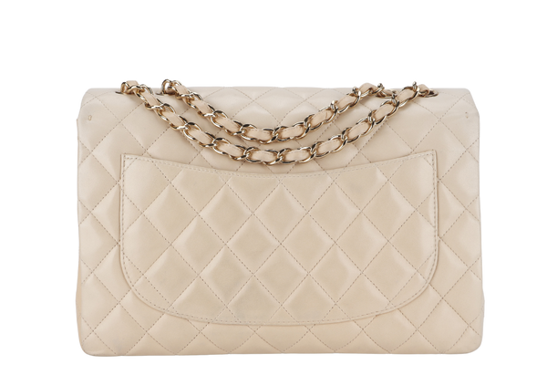 CHANEL CLASSIC SINGLE FLAP (1309xxxx) JUMBO BEIGE LAMBSKIN GOLD HARDWARE WITH CARD