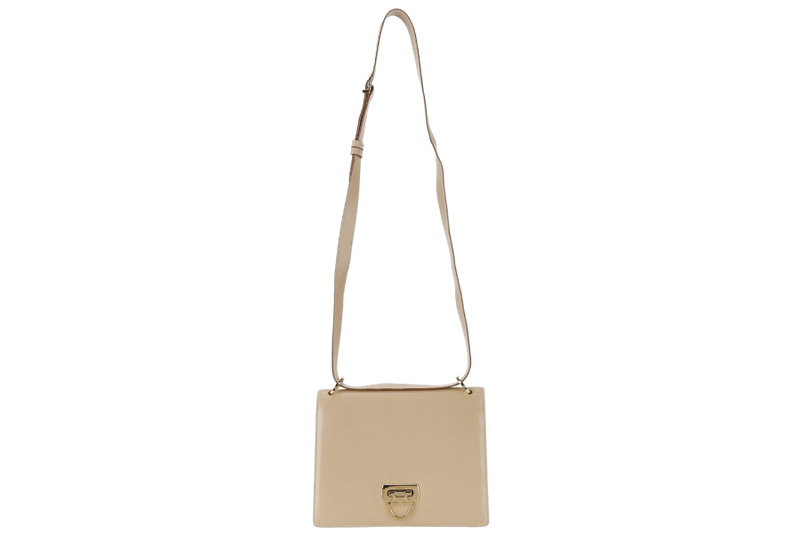 SALVATORE FERRAGAMO GANCINI SHOULDER BAG BEIGE LEATHER GOLD HARDWARE WITH DUST COVER