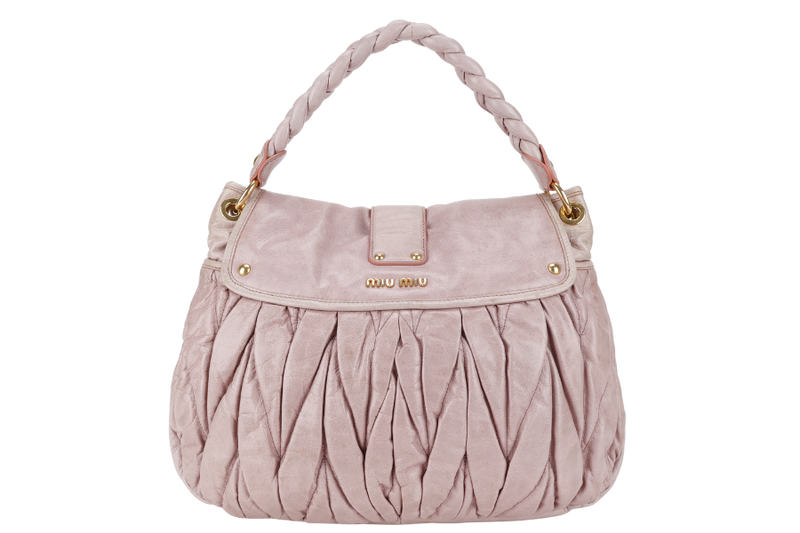 MIU-MIU MIU PINK MATELASSE LEATHER LARGE COFFER BAG GOLD HARDWARE WITH LEATHER STRAPS AND KEYS NO DUST COVER