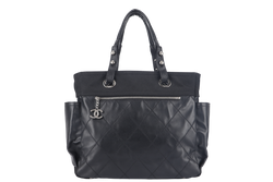 CHANEL PARIS BIARRITZ MEDIUM TOTE (1251xxxx) BLACK COATED CANVAS SILVER HARDWARE WITH CARD, DUST COVER AND BOX