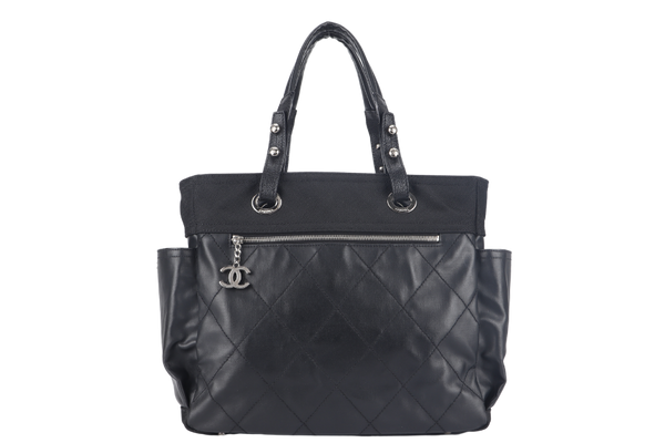 CHANEL PARIS BIARRITZ MEDIUM TOTE (1251xxxx) BLACK COATED CANVAS SILVER HARDWARE WITH CARD, DUST COVER AND BOX