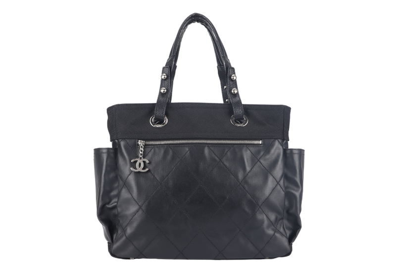 CHANEL PARIS BIARRITZ MEDIUM TOTE (1251xxxx) BLACK COATED CANVAS SILVER HARDWARE WITH CARD, DUST COVER AND BOX