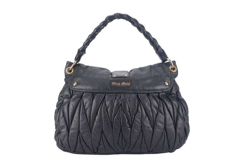 MIU MIU MATELLASE COFFER 42 BLACK CALFSKIN GOLD HARDWARE WITH STRAPS AND DUST COVER