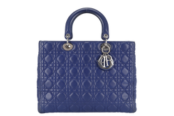 CHRISTIAN DIOR LADY DIOR (13-BO-1113) LARGE BLUE LAMBSKIN SILVER HARDWARE WITH LONG STRAPS NO DUST COVER