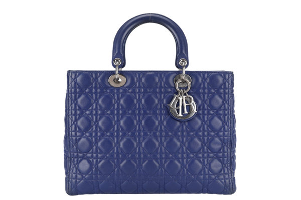 CHRISTIAN DIOR LADY DIOR (13-BO-1113) LARGE BLUE LAMBSKIN SILVER HARDWARE WITH LONG STRAPS NO DUST COVER