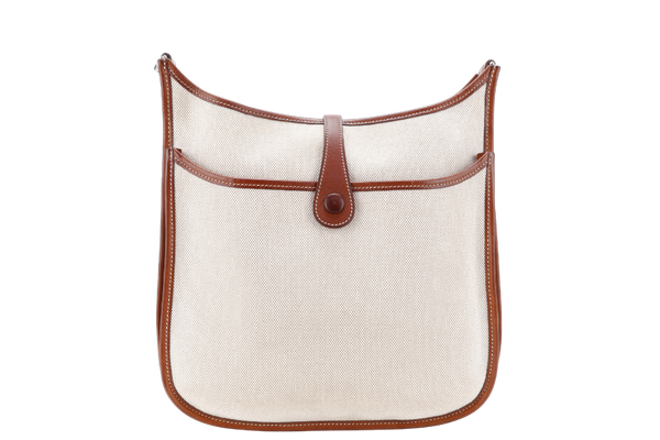 HERMES EVELYN PM STAMP SQUARE K (YEAR 2007) TOILE x BARENIA LEATHER WITH STRAP AND DUST COVER