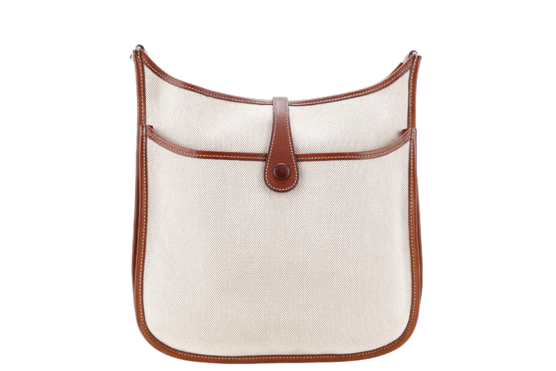 HERMES EVELYN PM STAMP SQUARE K (YEAR 2007) TOILE x BARENIA LEATHER WITH STRAP AND DUST COVER