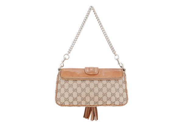 GUCCI VINTAGE BEIGE AND BROWN GG CANVAS MARRAKECH EVENING BAG GOLD HARDWARE WITH DUST COVER