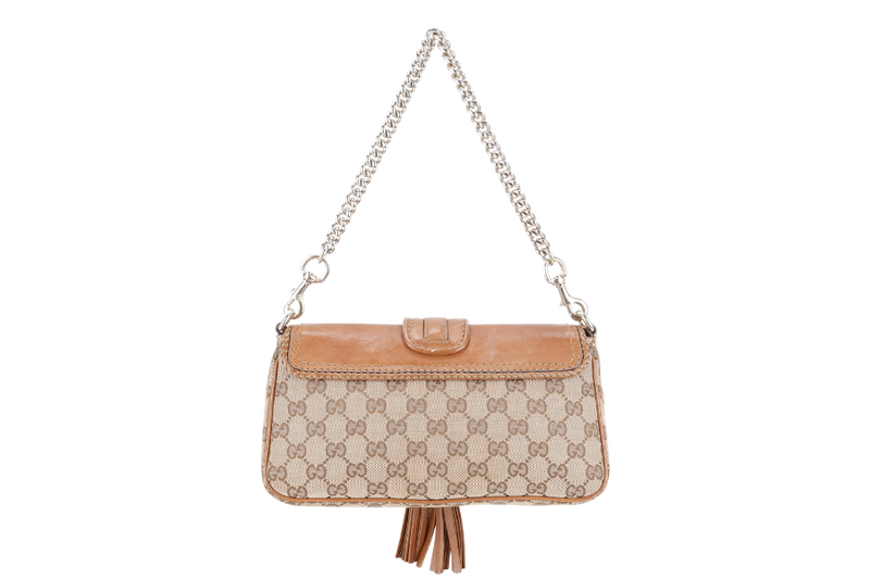 GUCCI VINTAGE BEIGE AND BROWN GG CANVAS MARRAKECH EVENING BAG GOLD HARDWARE WITH DUST COVER