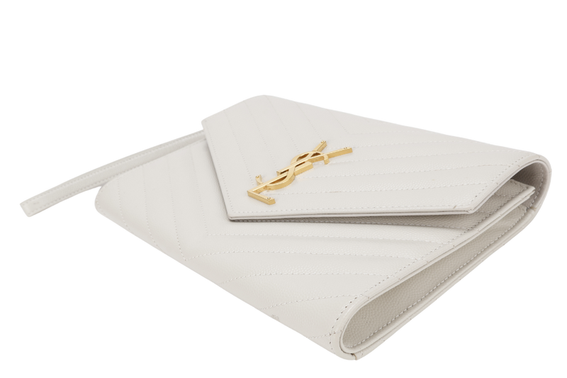 YVES SAINT LAURENT (YSL) CASSANDRE MATELASSE FLAP CLUTCH IN GRAIN DE POUDRE WHITE LEATHER GOLD HARDWARE WITH DUST COVER AND BOX