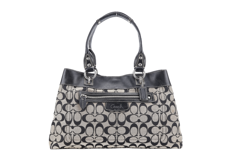 COACH BLACK PENELOPE CARRYALL SIGNATURE CANVAS AND LEATHER TOTE BAG SILVER HARDWARE NO DUST COVER